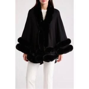 La Fiorentina Black Faux Fur Trim Ruana Wrap